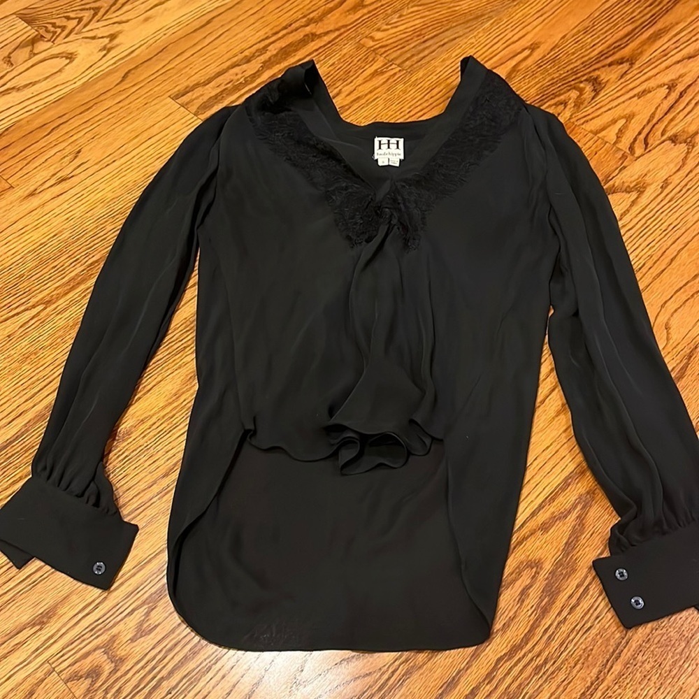 Haute Hippie Woman’s Silk Black Top With Lace Accents Size S
